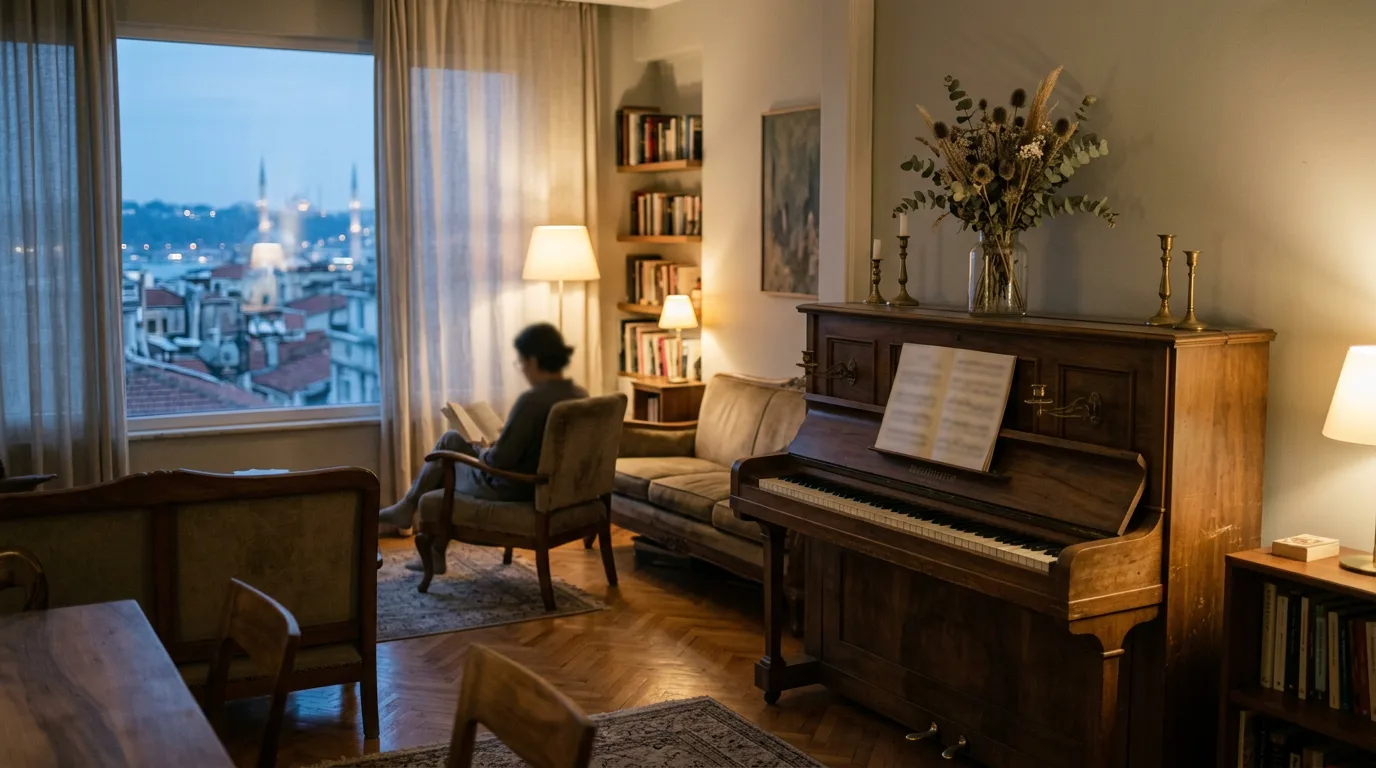 Akşam ışığında, İstanbul manzaralı sakin bir oturma odasında duran piyano ve arka planda okuyan silik bir figür.