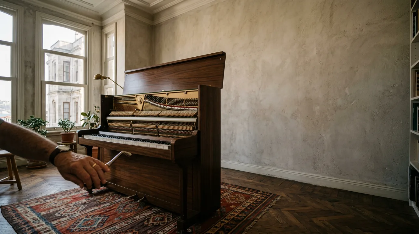 Yüksek tavanlı bir İstanbul dairesinde, kapağı açık, koyu cilalı bir akustik piyano ve tuşların üzerinde duran bir akortçu eli.