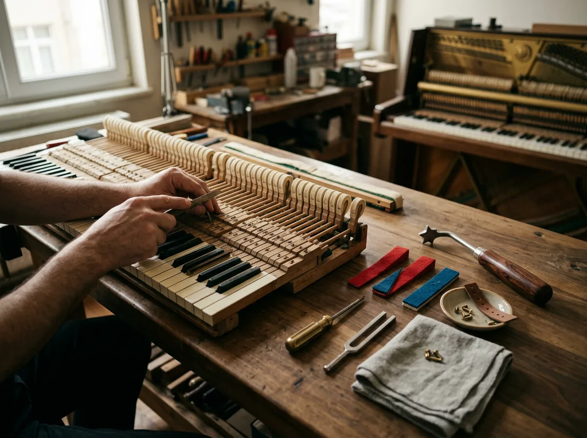 Çalışma tezgâhında piyano mekaniği, akort anahtarı, diyapazon ve ince el aletleriyle yapılan hassas bakım.